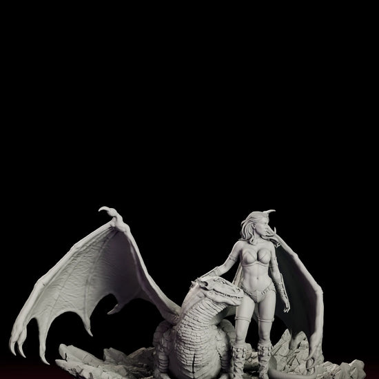 Rotating view of the Girl and the Dragon - Pyralis figure model kit, a young woman resting a hand on the head of a coiled wyvern with huge webbed wings spread, on a base of cracked flagstones