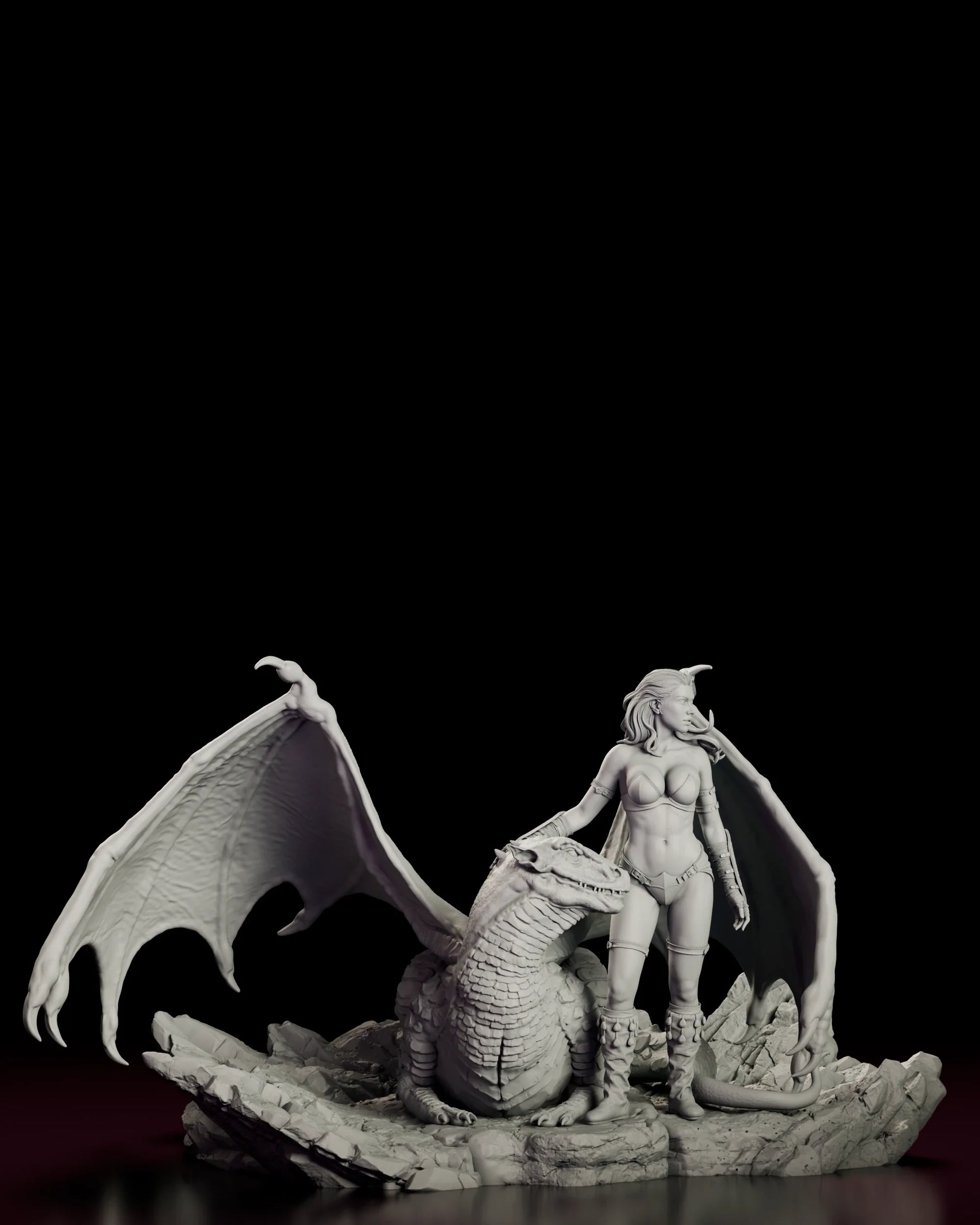 Rotating view of the Girl and the Dragon - Pyralis figure model kit, a young woman resting a hand on the head of a coiled wyvern with huge webbed wings spread, on a base of cracked flagstones