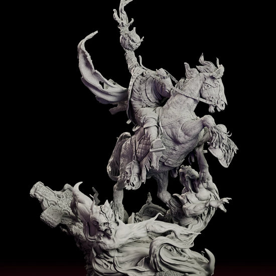 Turntable video of the Headless Horseman figure model kit showing the rider on a rearing horse holding a flaming jack-o'-lantern above a graveyard of clawing spirits