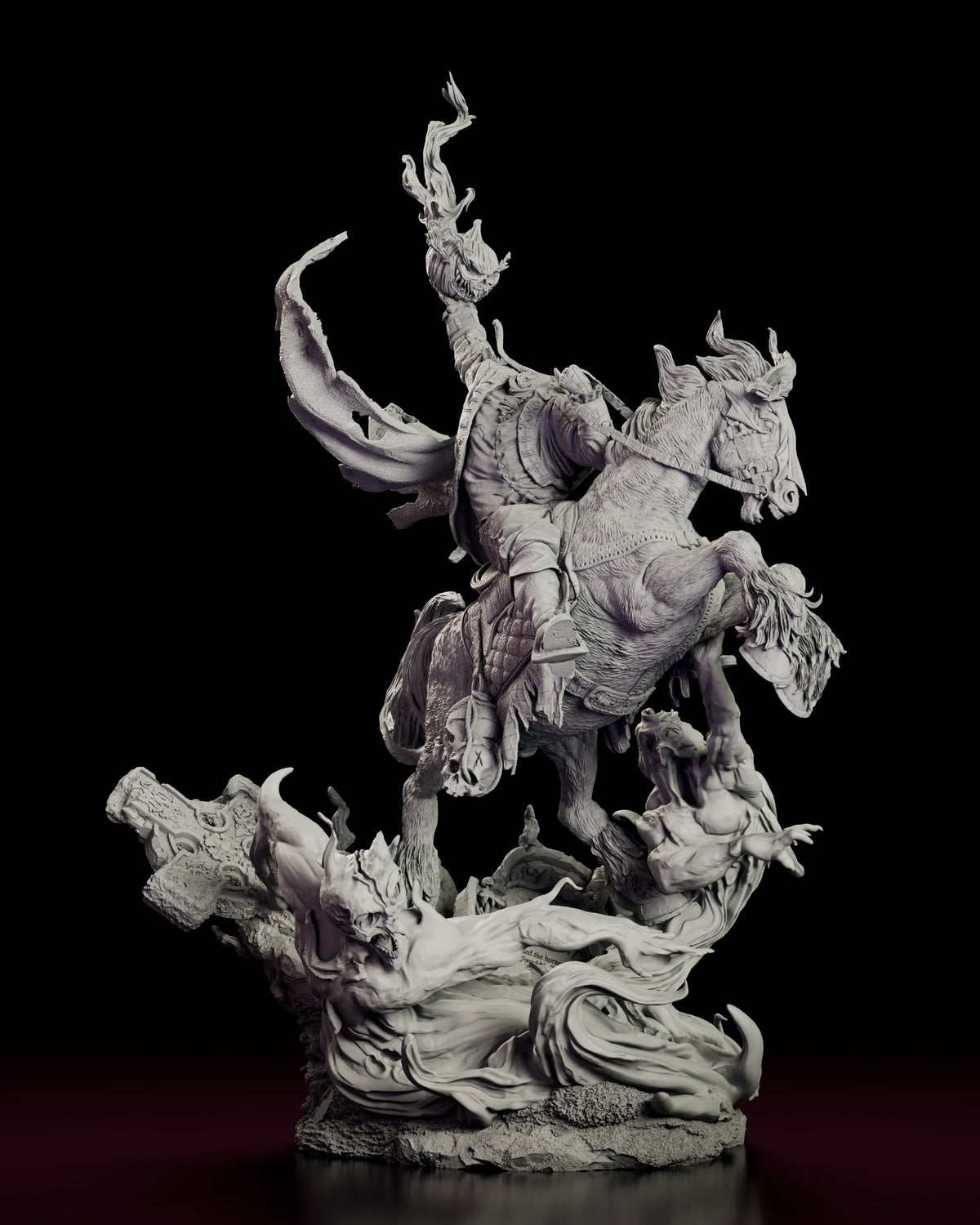 Turntable video of the Headless Horseman figure model kit showing the rider on a rearing horse holding a flaming jack-o'-lantern above a graveyard of clawing spirits