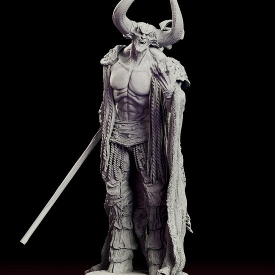 Full 360 degree turntable of the Lord of Darkness figure model kit, showing the horned demon standing on a cobbled base with a fur-lined cloak spilling behind him and a tall dragon-topped staff held at his side