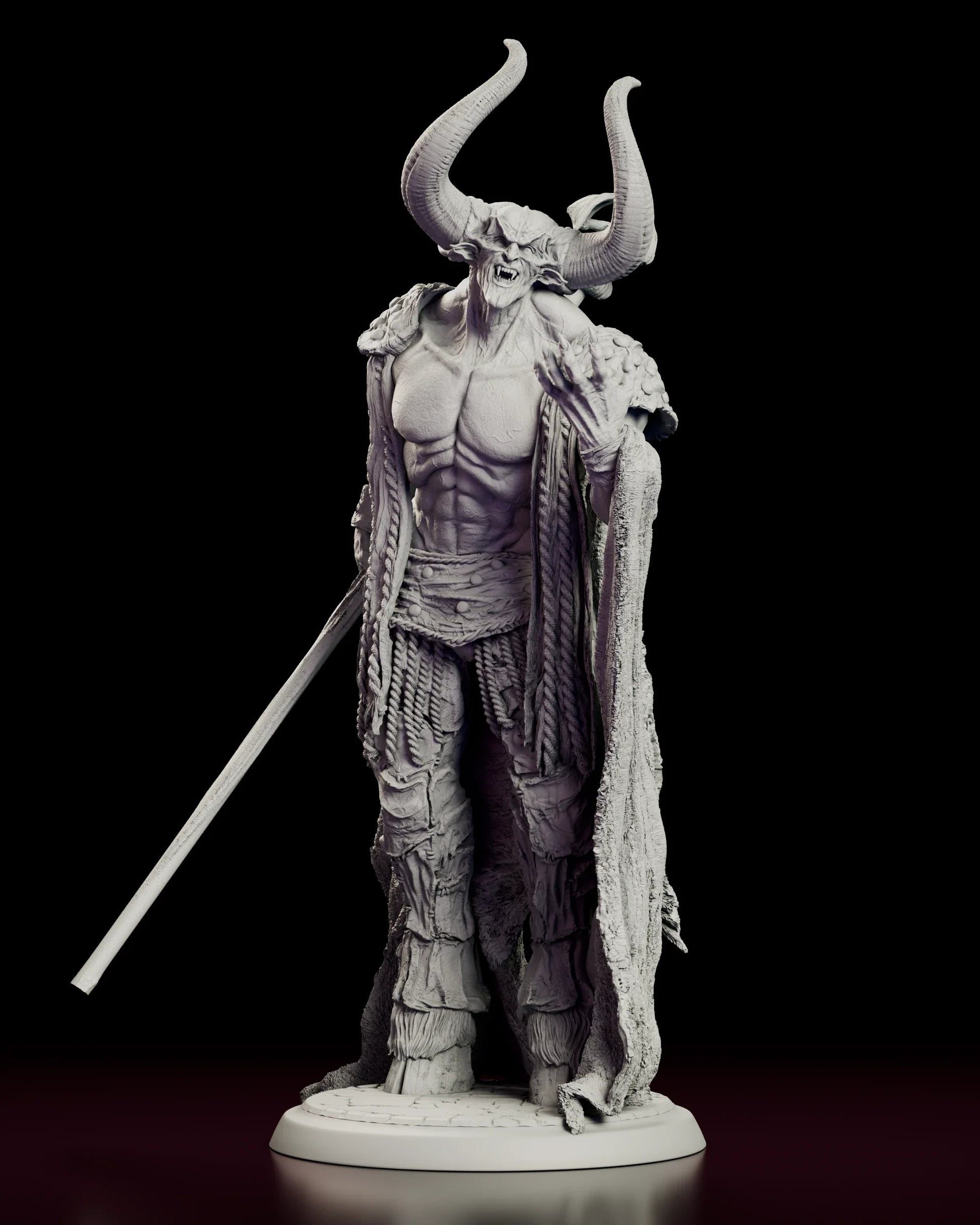 Full 360 degree turntable of the Lord of Darkness figure model kit, showing the horned demon standing on a cobbled base with a fur-lined cloak spilling behind him and a tall dragon-topped staff held at his side