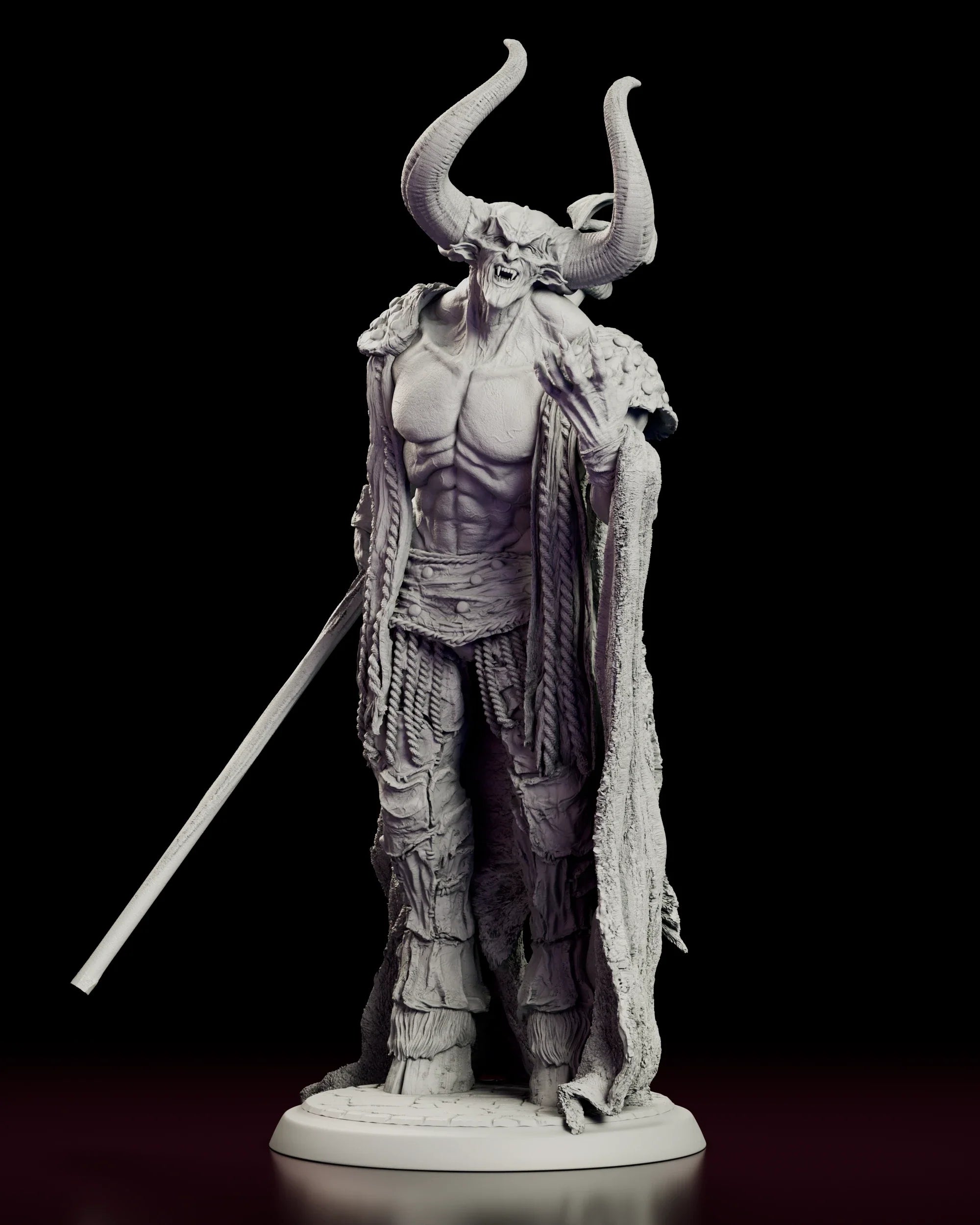 Full 360 degree turntable of the Lord of Darkness figure model kit, showing the horned demon standing on a cobbled base with a fur-lined cloak spilling behind him and a tall dragon-topped staff held at his side