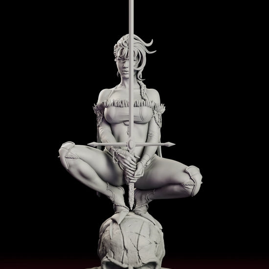 A 360 degree turntable view of The Mad Cat figure model kit, showing the crouched warrior perched on a giant skull holding a long sword upright in both hands