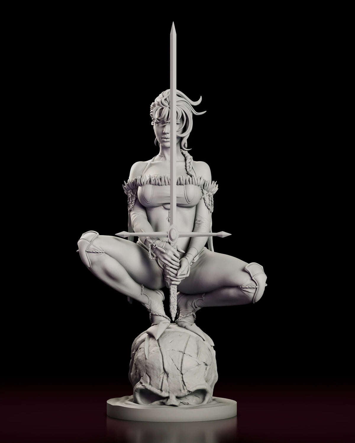 A 360 degree turntable view of The Mad Cat figure model kit, showing the crouched warrior perched on a giant skull holding a long sword upright in both hands