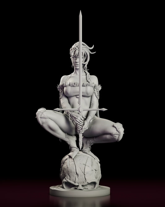 A 360 degree turntable view of The Mad Cat figure model kit, showing the crouched warrior perched on a giant skull holding a long sword upright in both hands