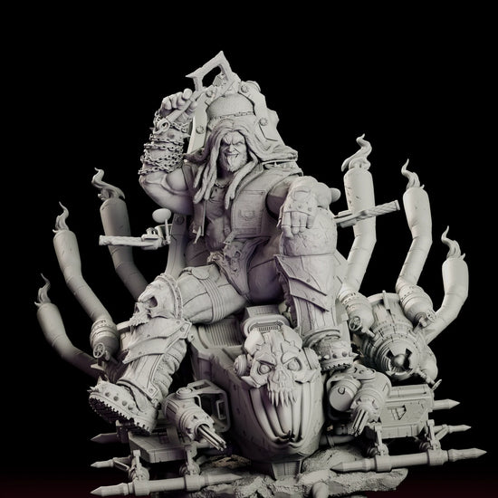 Rotating turntable view of the Main Man Lobo resin figure model kit, showing the seated pose, the bike throne and its fanned exhaust stacks from every angle.