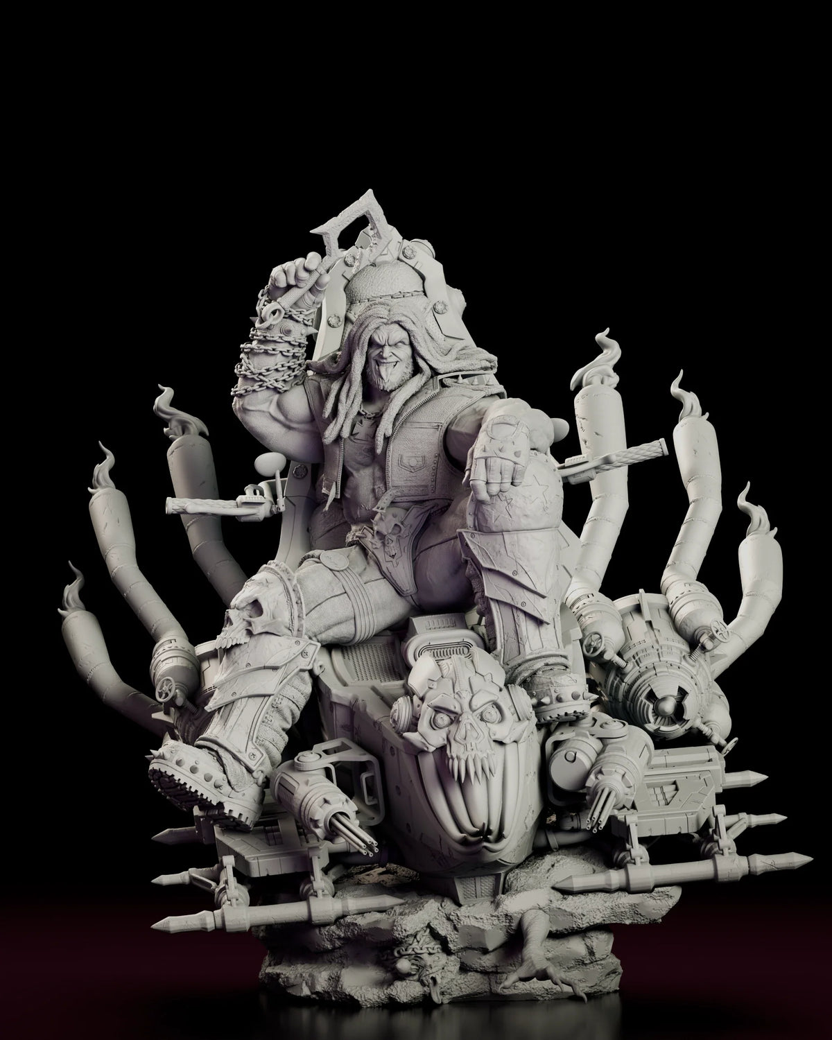 Rotating turntable view of the Main Man Lobo resin figure model kit, showing the seated pose, the bike throne and its fanned exhaust stacks from every angle.