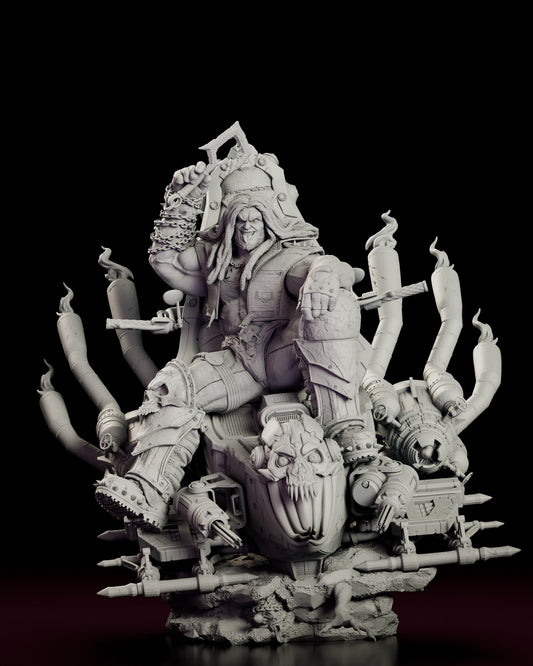 Rotating turntable view of the Main Man Lobo resin figure model kit, showing the seated pose, the bike throne and its fanned exhaust stacks from every angle.
