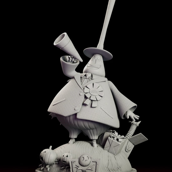 Rotating 360 degree view of the Mayor figure model kit showing the Mayor of Halloween Town in his tall hat with a megaphone raised, standing on a cobblestone base dressed with pumpkins and toys