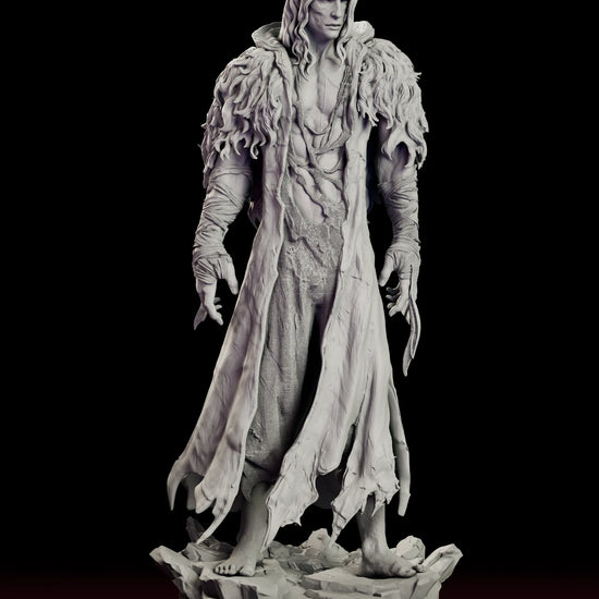 Rotating view of the Frankenstein's Monster figure model kit showing the Creature in a fur-mantled tattered coat standing barefoot on a broken stone base