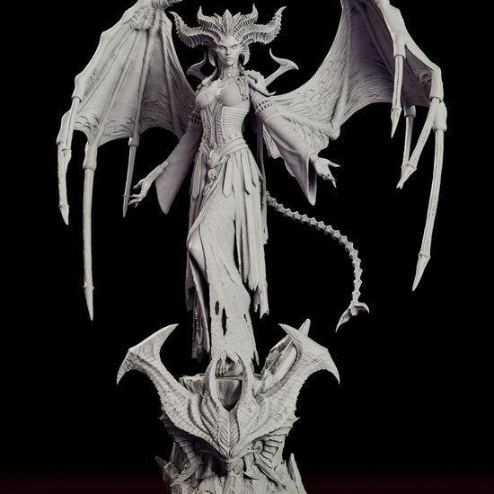Rotating view of the Lilith figure model kit showing the horned crown, spread membranous wings and barbed tail above a base of upswept horn spires