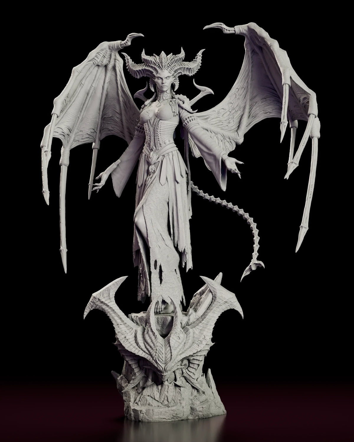 Rotating view of the Lilith figure model kit showing the horned crown, spread membranous wings and barbed tail above a base of upswept horn spires