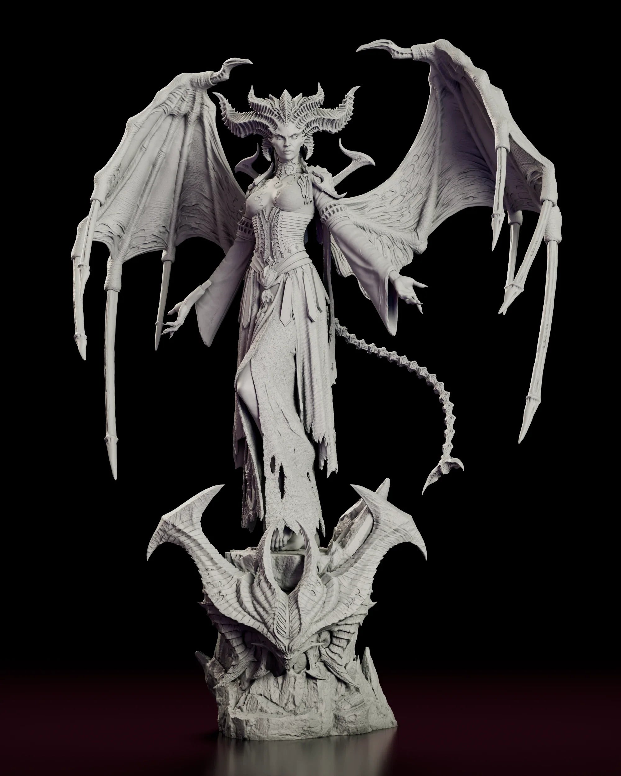 Rotating view of the Lilith figure model kit showing the horned crown, spread membranous wings and barbed tail above a base of upswept horn spires