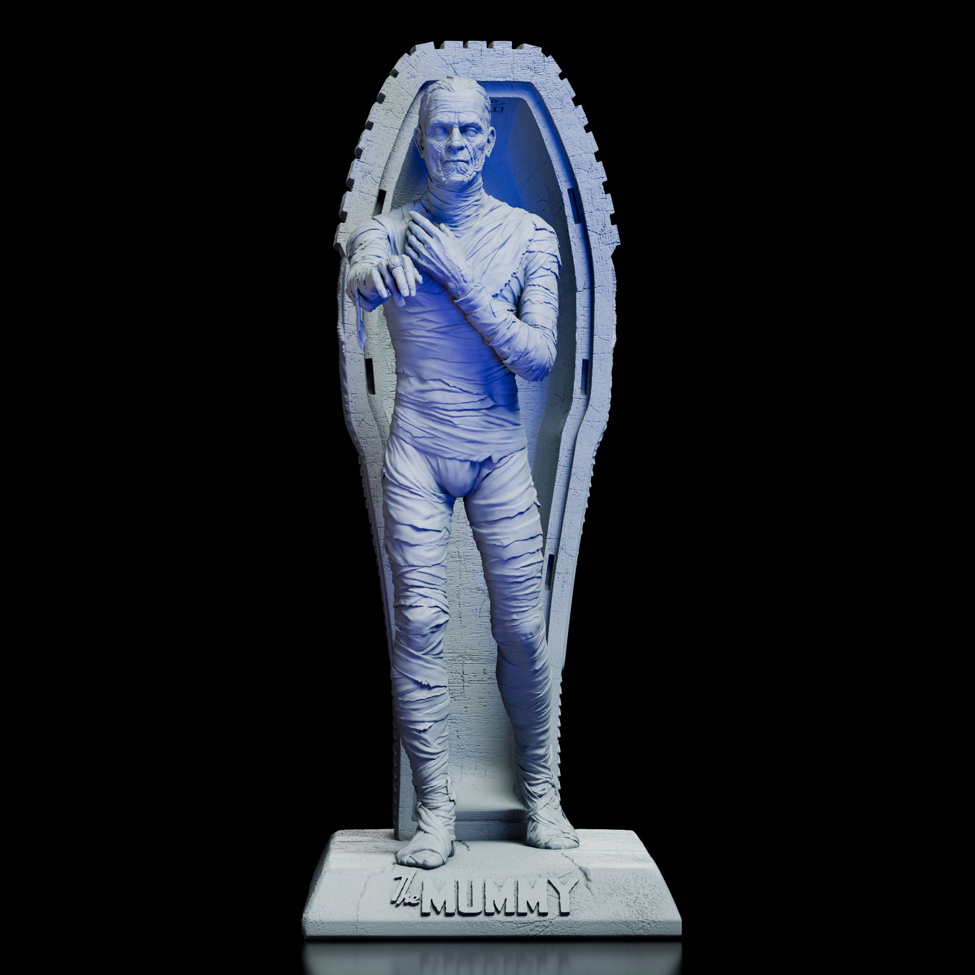 Full 360-degree view of The Mummy Maquette Kit from Universal’s classic horror film, showing detailed wrappings, stone sarcophagus, and lifelike stance from every angle