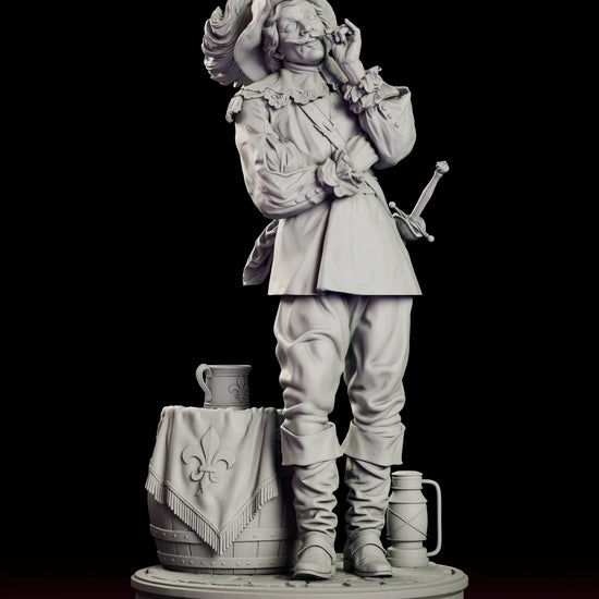Rotating view of the Musketeer figure model kit twirling his moustache beside a barrel and lantern on a cobbled base