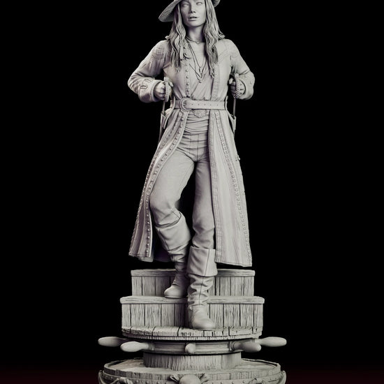 Rotating view of the Anne Bonny figure model kit drawing twin swords on a deck planking and ship's wheel base