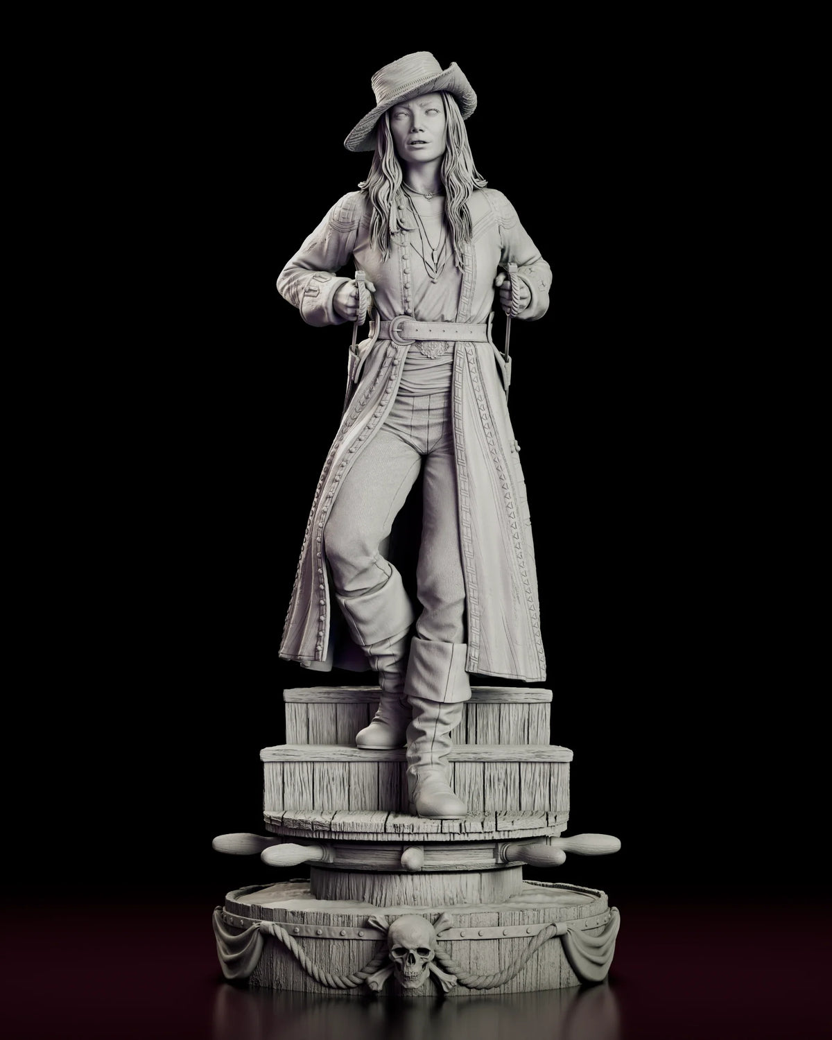 Rotating view of the Anne Bonny figure model kit drawing twin swords on a deck planking and ship's wheel base