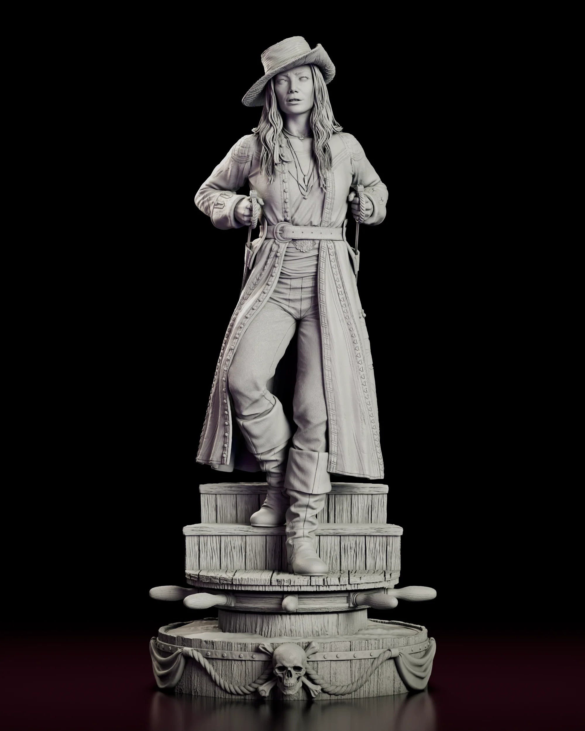 Rotating view of the Anne Bonny figure model kit drawing twin swords on a deck planking and ship's wheel base