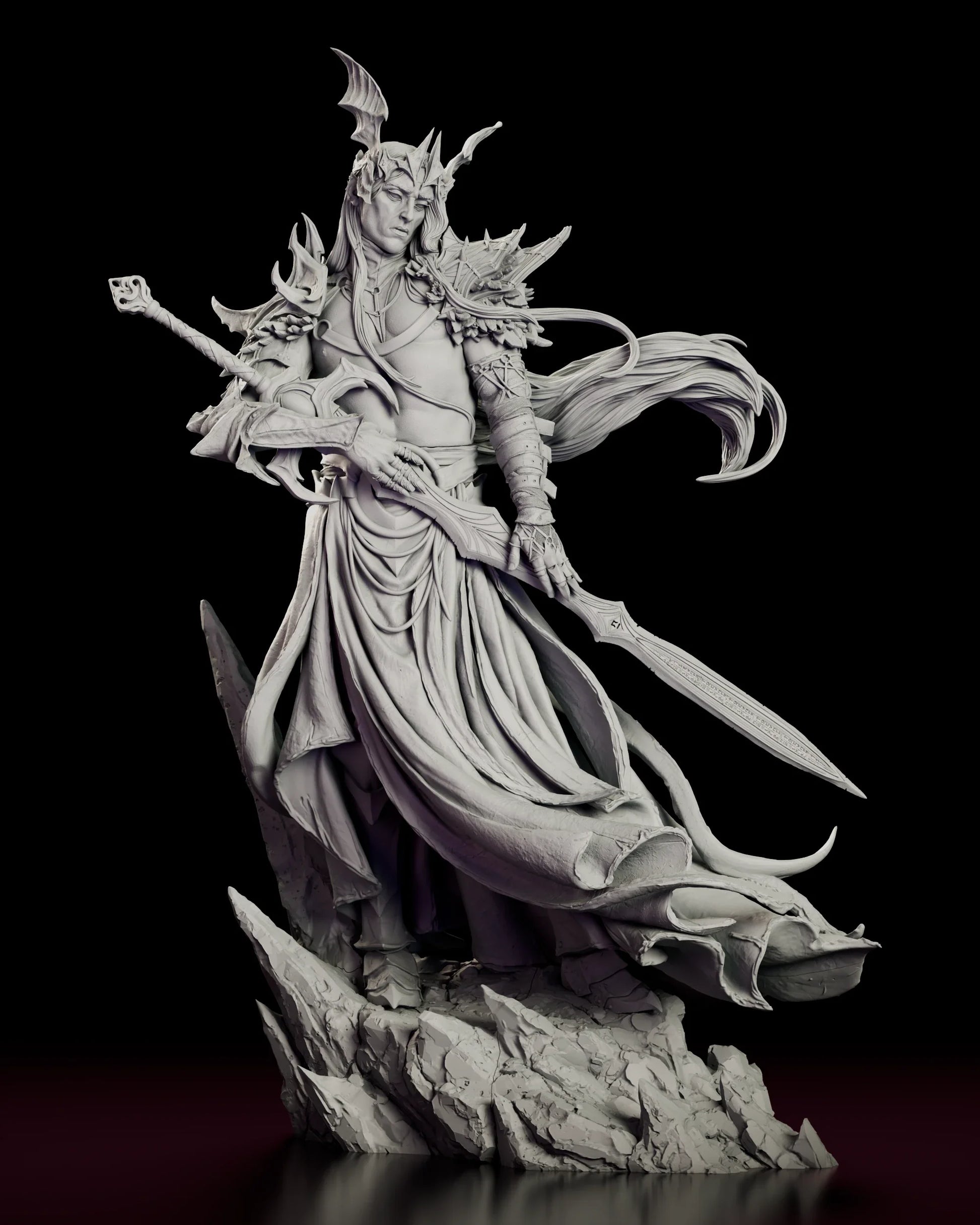 A 360 degree turntable view of The Pale Sorcerer-King figure model kit, showing the crowned warrior on a jagged rock outcrop with a rune-cut sword and a coiling dragon mantle