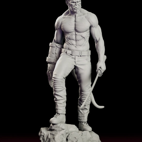 Rotating view of the Right Hand of Doom - Hellboy figure model kit, a bare-chested horned demon with a massive stone right hand and a curved sword held low, standing on a shattered rock base