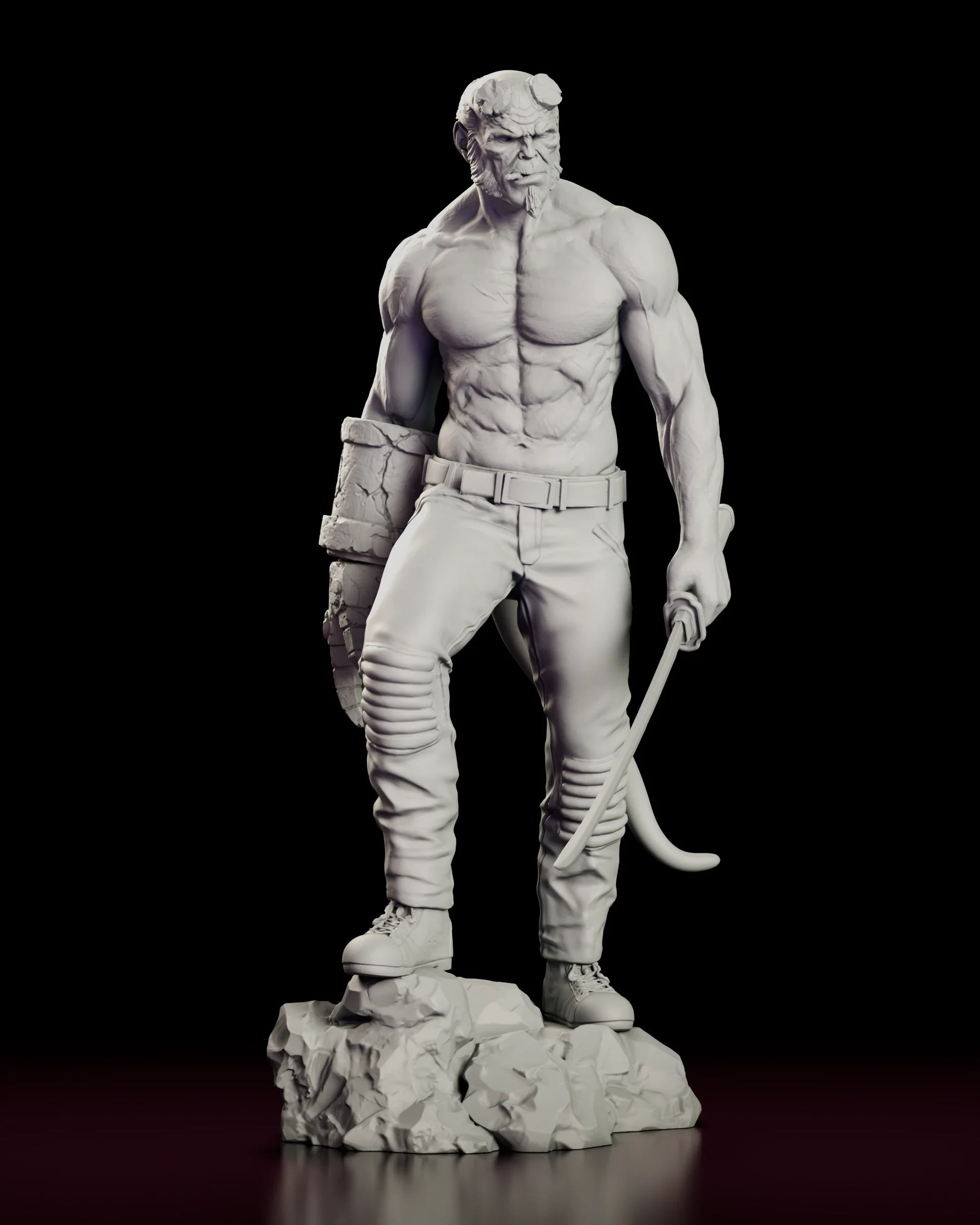 Rotating view of the Right Hand of Doom - Hellboy figure model kit, a bare-chested horned demon with a massive stone right hand and a curved sword held low, standing on a shattered rock base