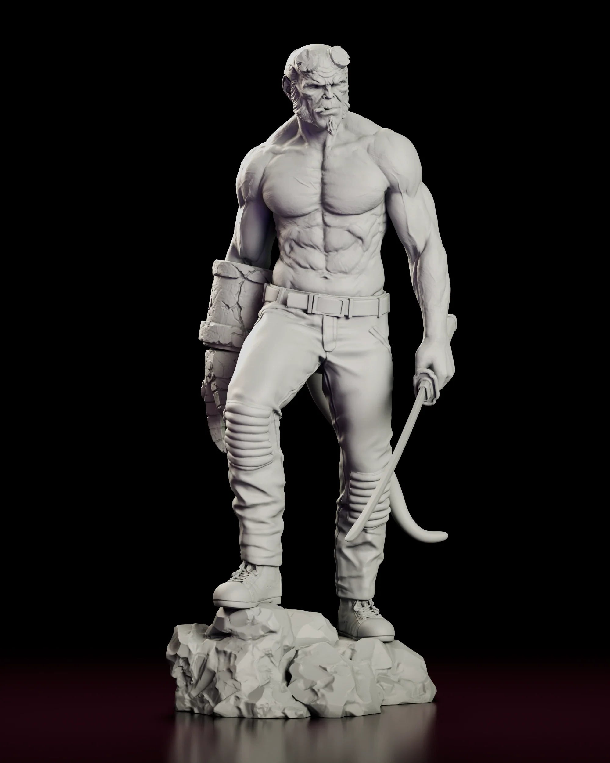 Rotating view of the Right Hand of Doom - Hellboy figure model kit, a bare-chested horned demon with a massive stone right hand and a curved sword held low, standing on a shattered rock base