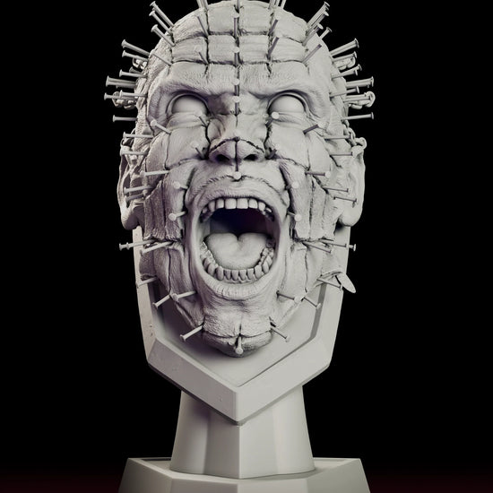 Turntable video of The Scream Pinhead Full Scale Bust figure model kit showing the screaming Cenobite with nails across his face and chains tearing from his skull