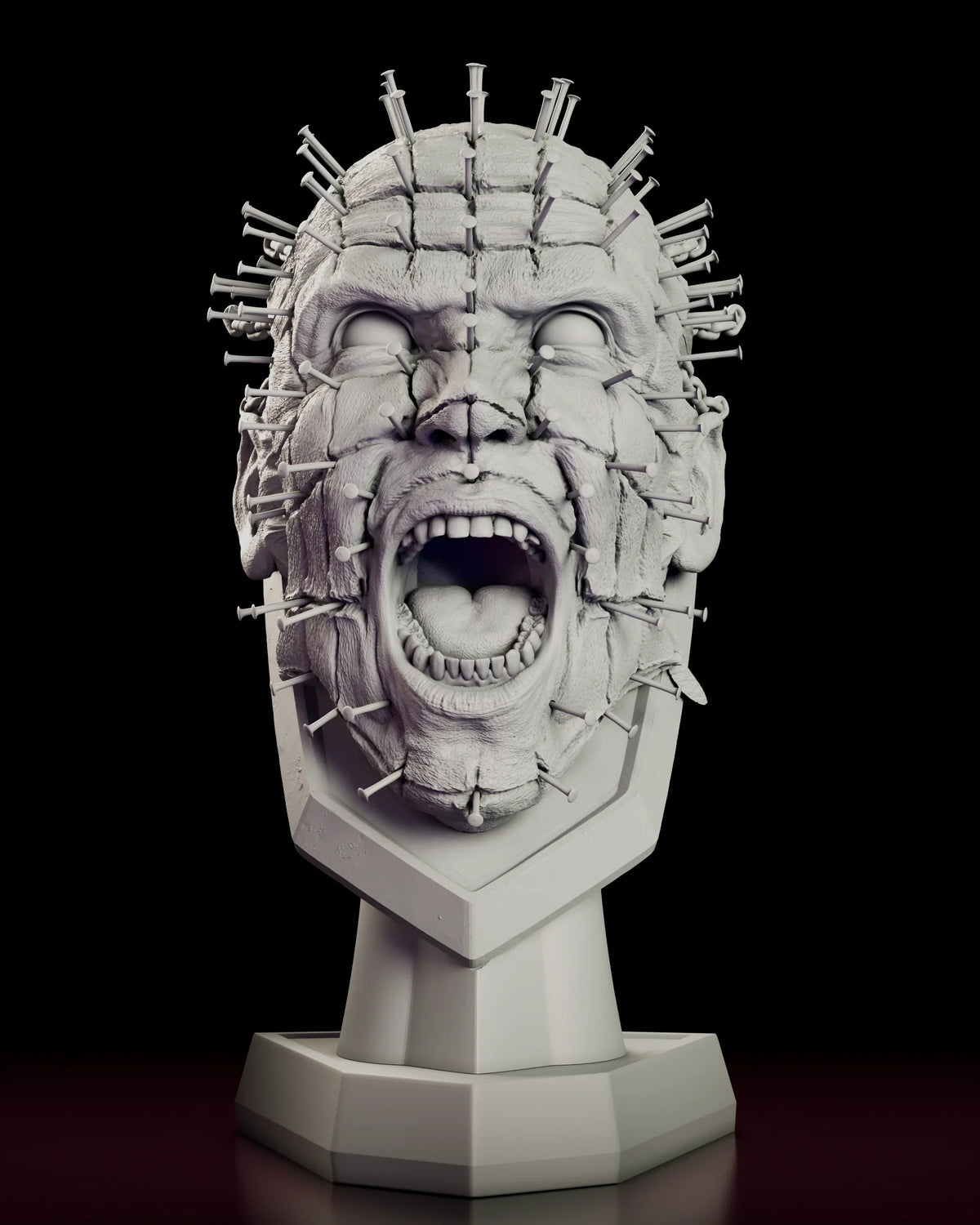 Turntable video of The Scream Pinhead Full Scale Bust figure model kit showing the screaming Cenobite with nails across his face and chains tearing from his skull