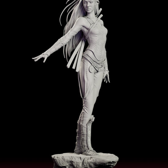 Rotating 360 degree view of The Silent Katana figure model kit showing the swordswoman mid-turn with three blades sheathed across her back on a rough rock base