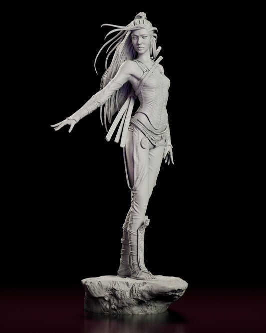 Rotating 360 degree view of The Silent Katana figure model kit showing the swordswoman mid-turn with three blades sheathed across her back on a rough rock base