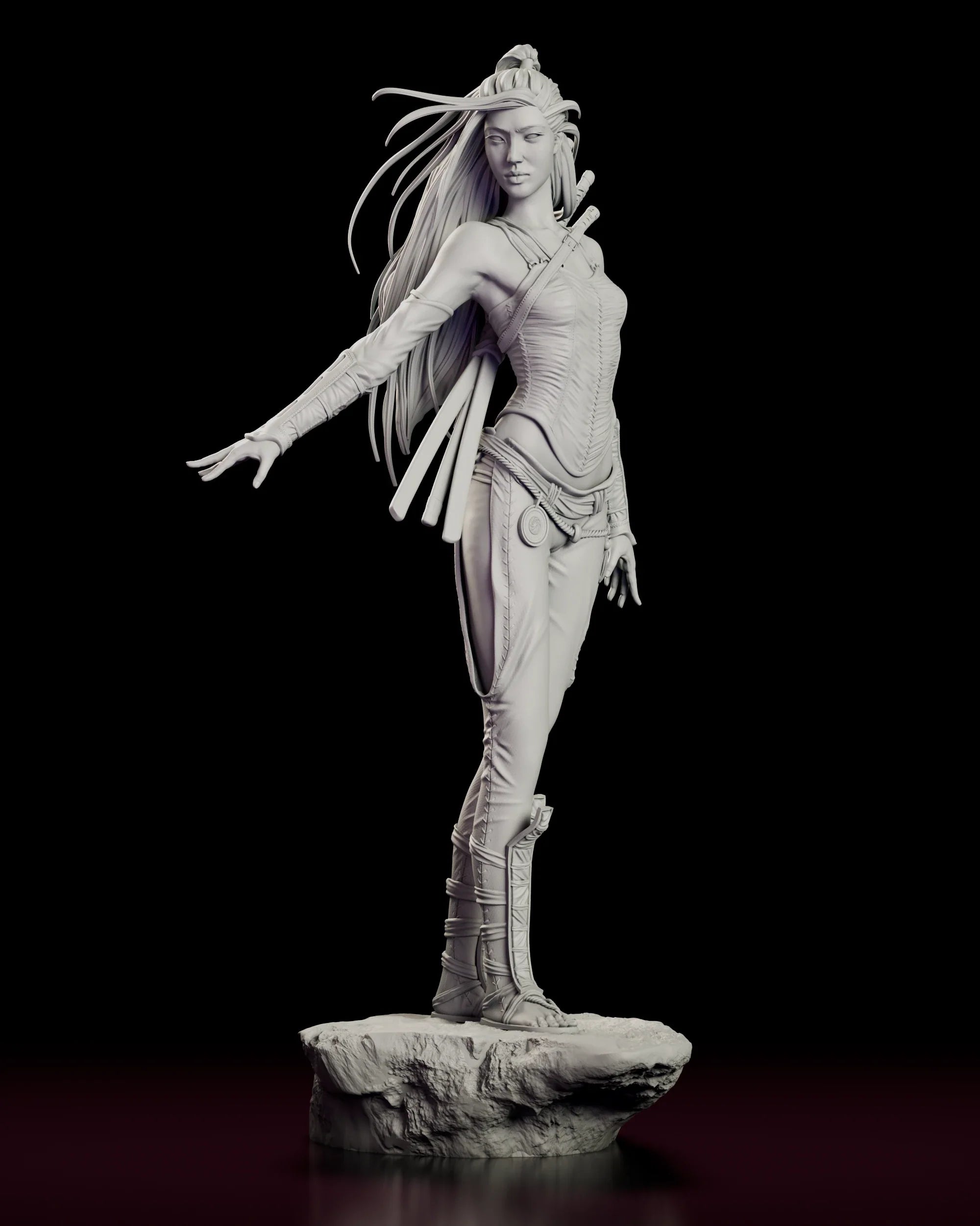Rotating 360 degree view of The Silent Katana figure model kit showing the swordswoman mid-turn with three blades sheathed across her back on a rough rock base