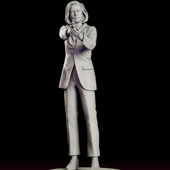 A 360 degree turntable view of the Dana Scully figure model kit, showing the FBI agent in a suit holding a sidearm in a two-handed stance on a round display base