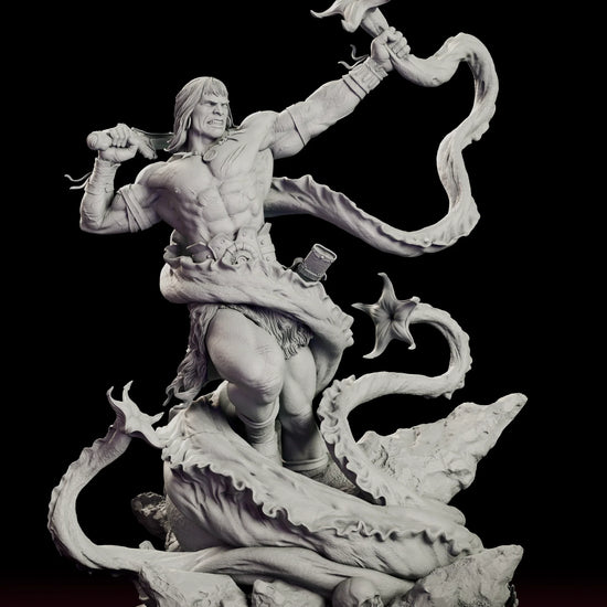 Rotating 360 degree view of the Tentacled Horror Conan figure model kit, showing the barbarian mid-fight with a blade drawn back and a captured tentacle raised, surrounded by the coils of a sea creature across a skull-strewn rock