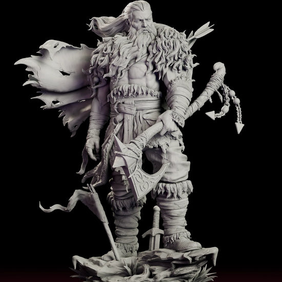 Rotating view of The Northman figure model kit, a bearded warrior with a long-hafted axe and torn cloak on a rocky base