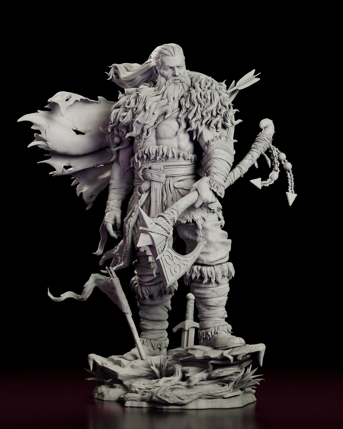 Rotating view of The Northman figure model kit, a bearded warrior with a long-hafted axe and torn cloak on a rocky base