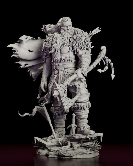 Rotating view of The Northman figure model kit, a bearded warrior with a long-hafted axe and torn cloak on a rocky base