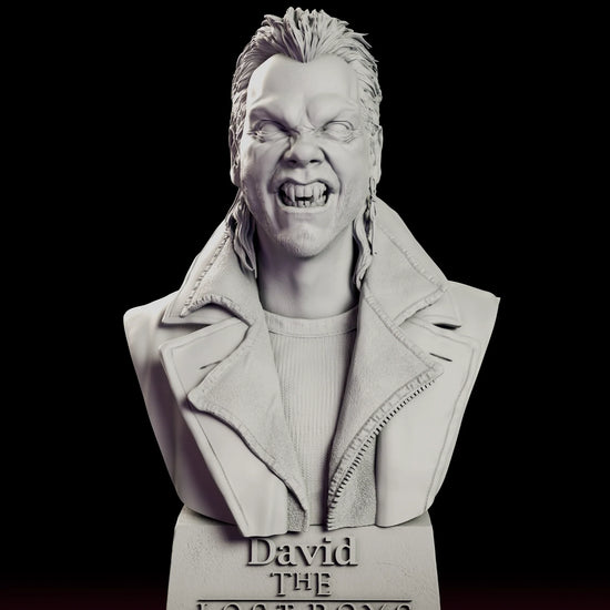 A 360 degree turntable view of the David bust figure model kit, showing the snarling vampire head and coat collar on a stepped lettered plinth