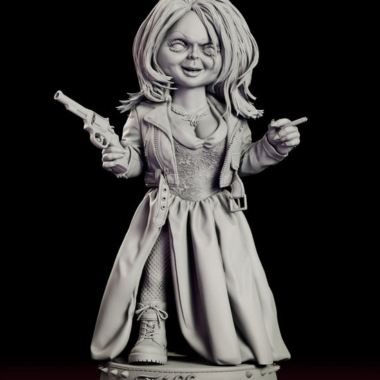 Rotating view of the Tiffany figure model kit holding a revolver and a cigarette on a nameplate base