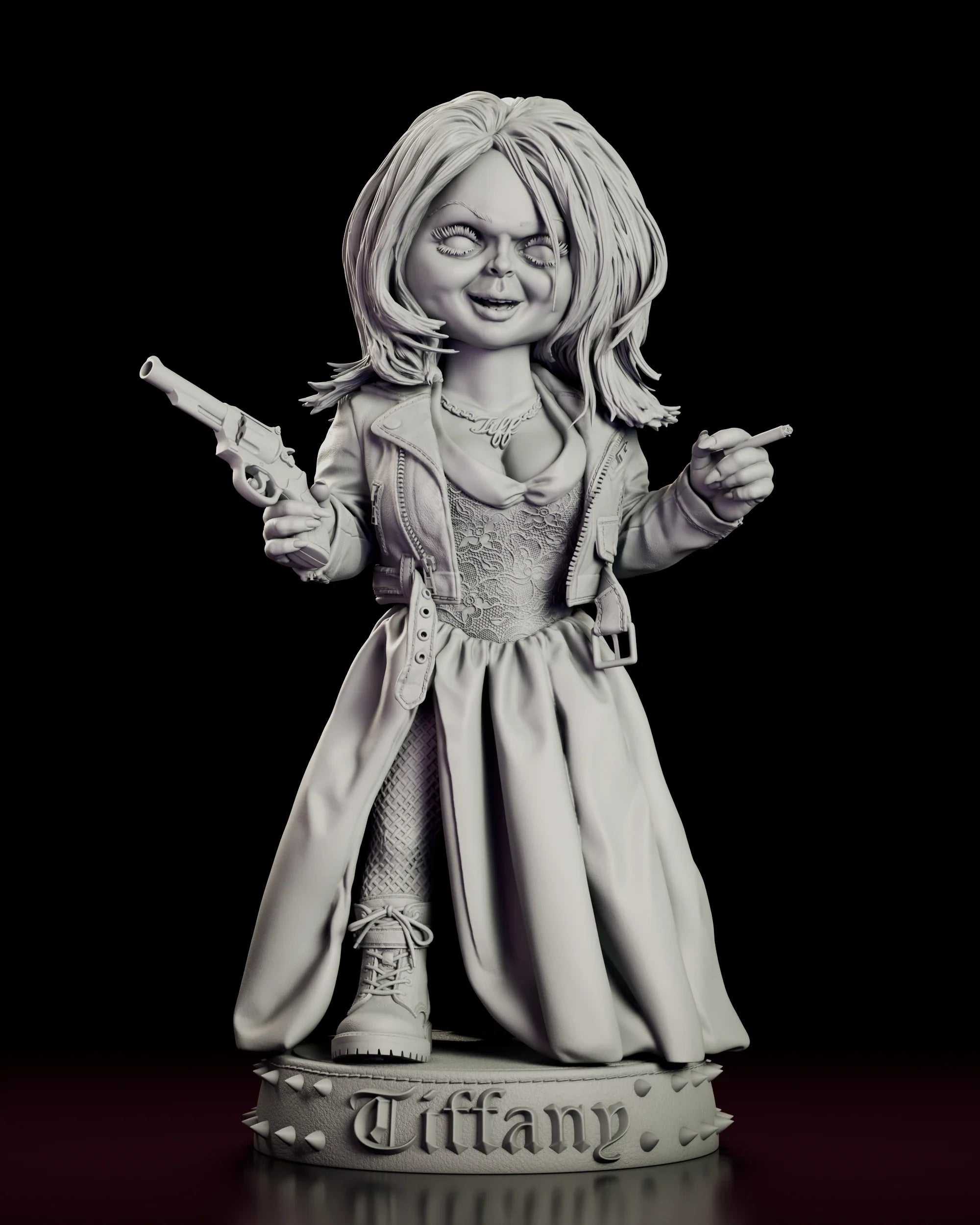 Rotating view of the Tiffany figure model kit holding a revolver and a cigarette on a nameplate base