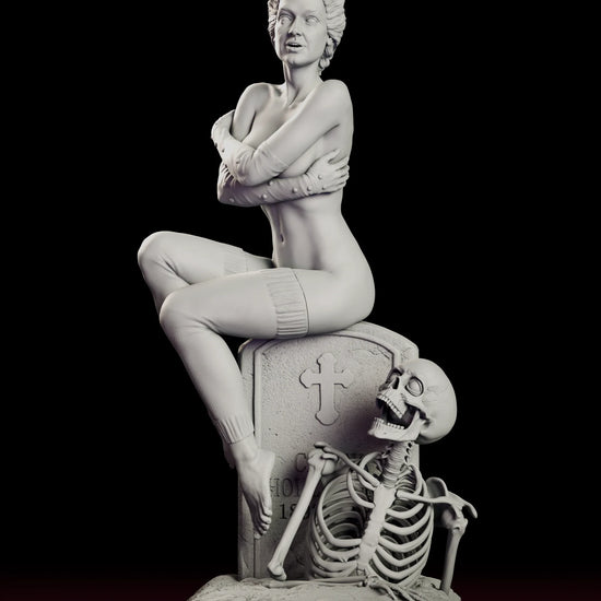 Rotating 360 degree view of the Trash figure model kit showing the character seated on a cracked headstone with a skeleton climbing from the ground beside her