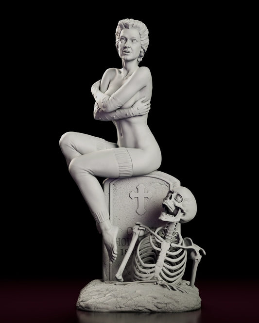 Rotating 360 degree view of the Trash figure model kit showing the character seated on a cracked headstone with a skeleton climbing from the ground beside her