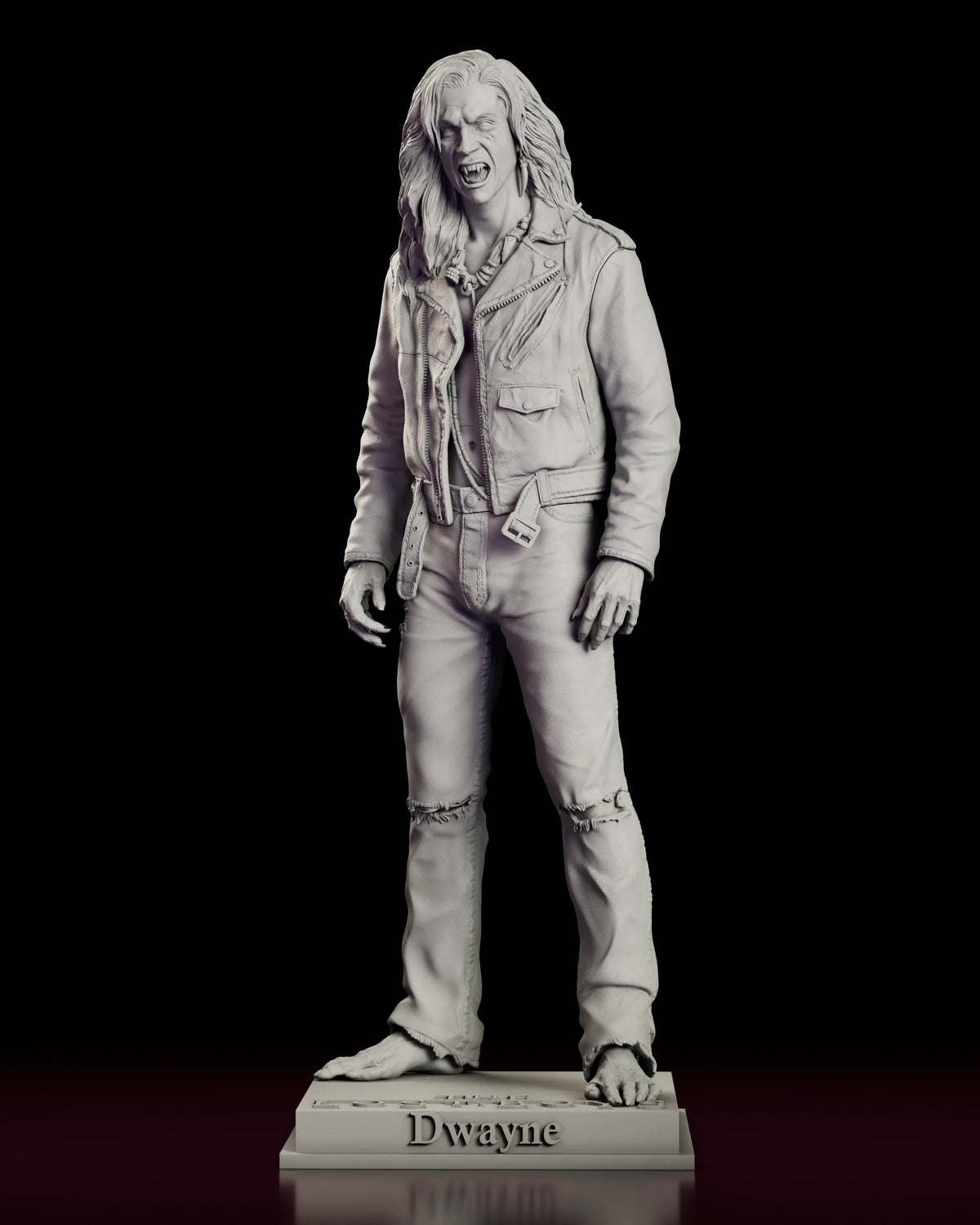 A 360 degree turntable view of the vampire Dwayne figure model kit, showing the screaming long-haired Lost Boy standing barefoot in an open biker jacket on a lettered nameplate base