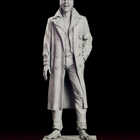 A 360 degree turntable view of the vampire David figure model kit, showing the snarling Lost Boys leader standing barefoot in a long open coat on a lettered nameplate base