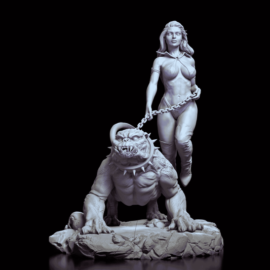 360-degree view of Crimson Huntress maquette by Dicklich Art, showing detailed vampire warrior with chained monster companion and textured display base