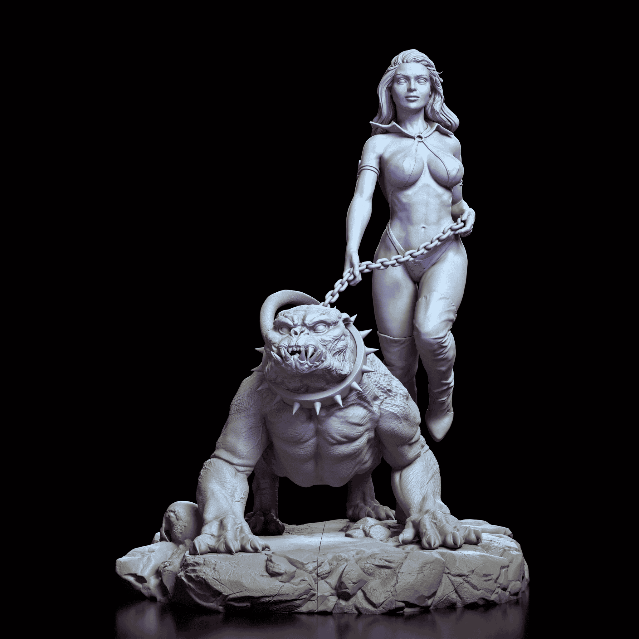 360-degree view of Crimson Huntress maquette by Dicklich Art, showing detailed vampire warrior with chained monster companion and textured display base