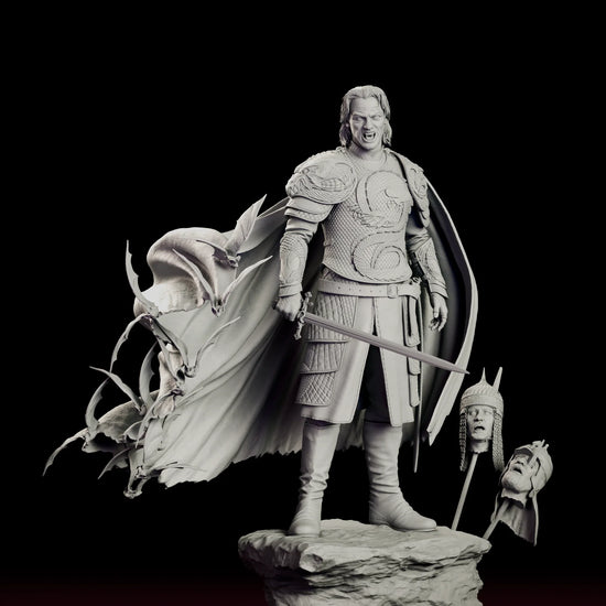 Rotating 360 degree view of the Vlad the Impaler figure model kit, standing on a rocky crag in scaled dragon armour with a longsword lowered and a cloak breaking apart into bats behind him