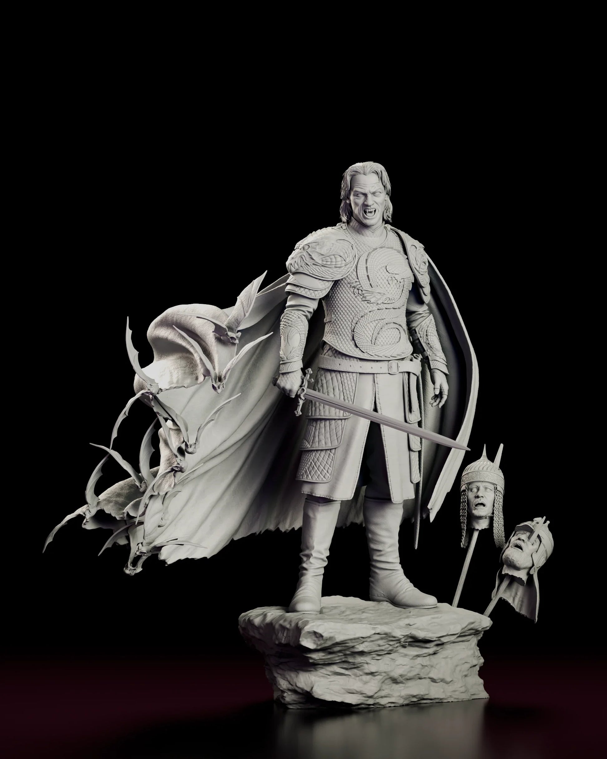 Rotating 360 degree view of the Vlad the Impaler figure model kit, standing on a rocky crag in scaled dragon armour with a longsword lowered and a cloak breaking apart into bats behind him