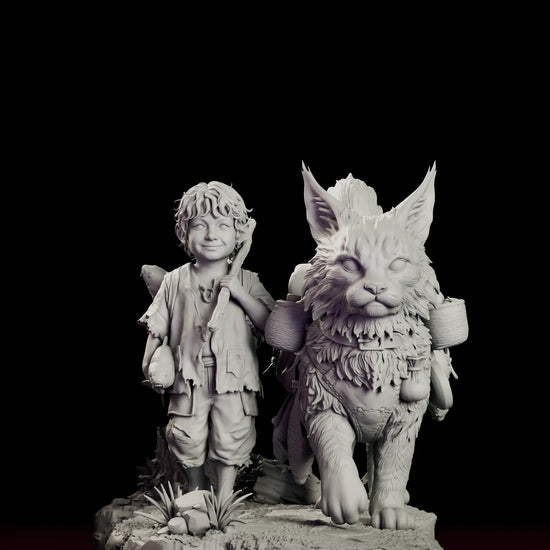 Rotating 360 degree view of the Wayfarers figure model kit, showing a young traveller walking beside a large tufted-eared lynx loaded with packs, pots and a bedroll across a broken rock base
