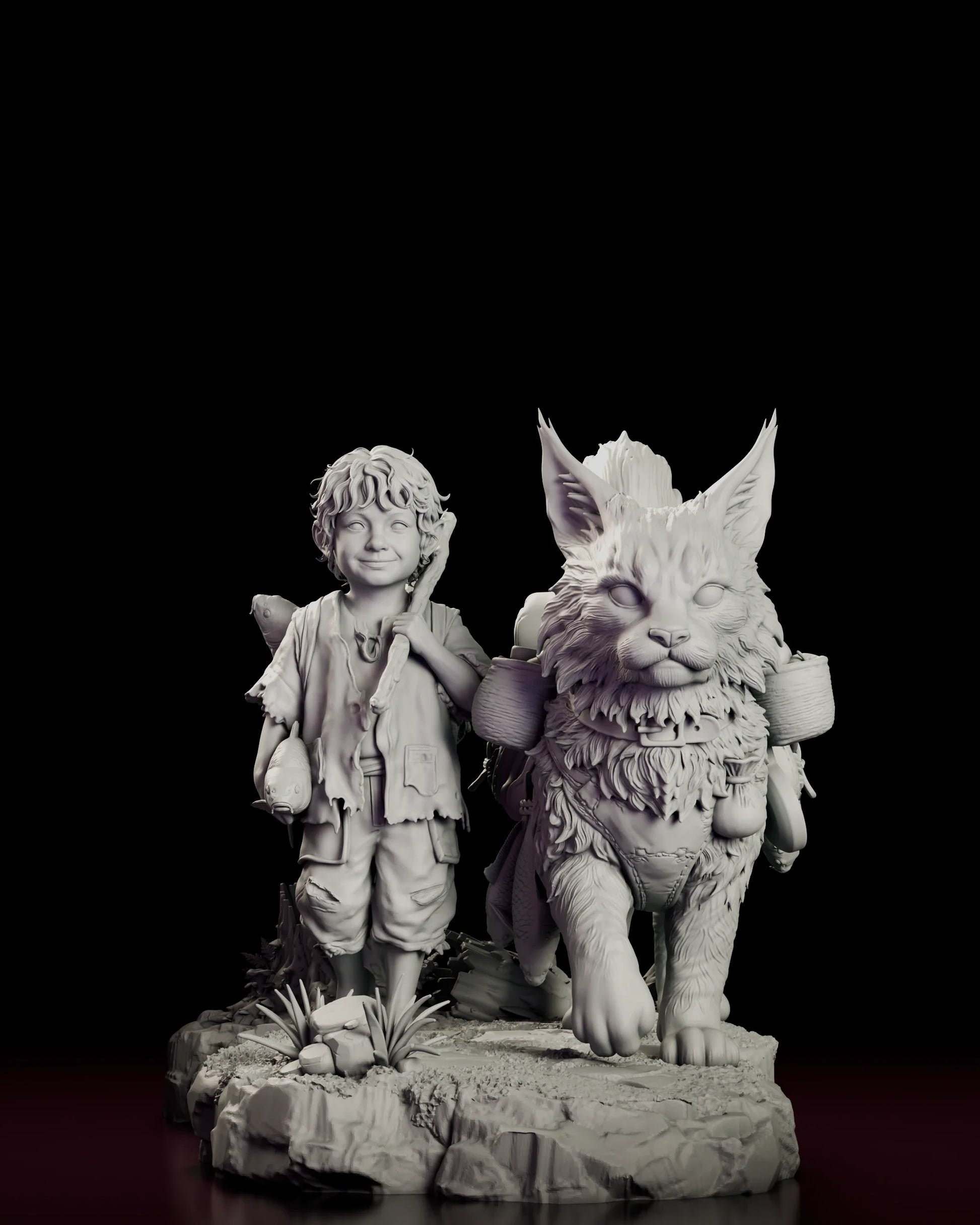 Rotating 360 degree view of the Wayfarers figure model kit, showing a young traveller walking beside a large tufted-eared lynx loaded with packs, pots and a bedroll across a broken rock base